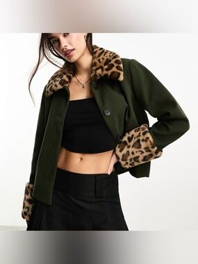NWT ASOS Only Tailored Faux Fur Leopard Collar Jacket in Khaki Green